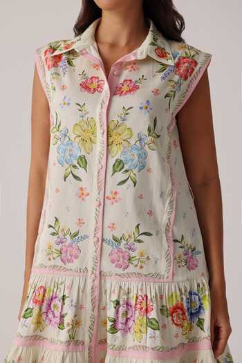 Shop_NOIB_Multi Color Cotton Satin Tassels Collared Vega Floral Print Dress And Belt Set _Online_at_Aza_Fashions
