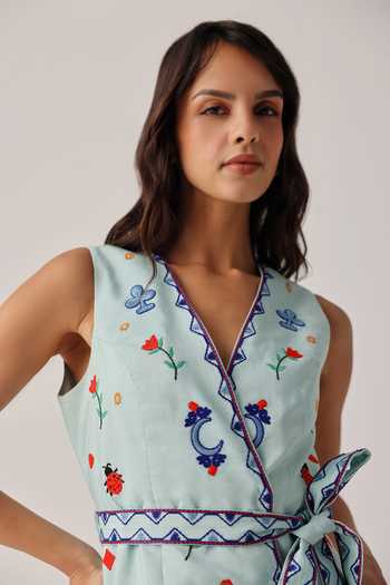 NOIB_Blue Organza, Linen, Viscose Embroidery, Avery Tarot Maxi Dress With Belt _Online_at_Aza_Fashions