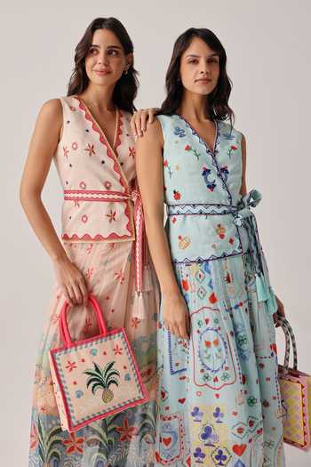 NOIB_Blue Organza, Linen, Viscose Embroidery, Avery Tarot Maxi Dress With Belt _at_Aza_Fashions
