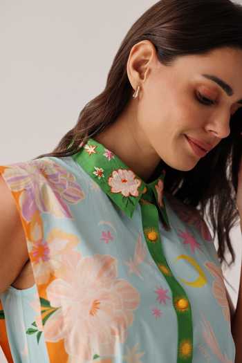 Buy_NOIB_Blue Poplin Embroidery Collared, Button-down Neck Vega Hand Dress With Belt _Online_at_Aza_Fashions