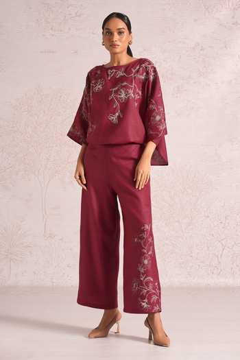 Buy_Kaveri_Pink Linen Embroidery Round Neck Bloomscape Sasha Top And Pant Set _Online_at_Aza_Fashions