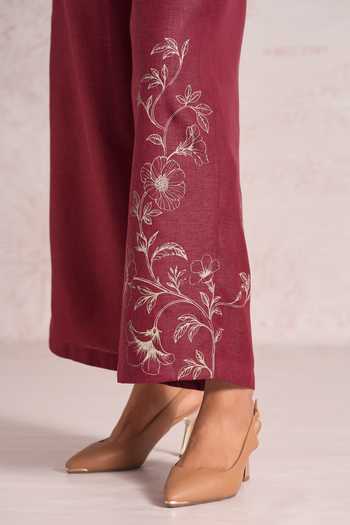 Shop_Kaveri_Pink Linen Embroidery Round Neck Bloomscape Sasha Top And Pant Set _Online_at_Aza_Fashions