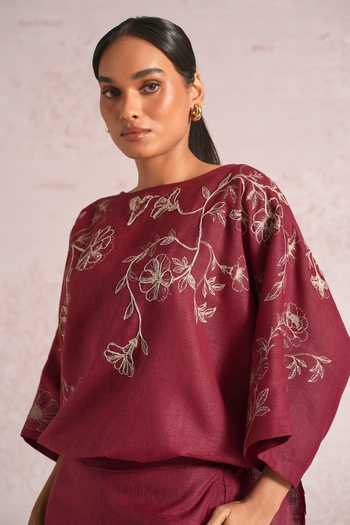 Kaveri_Pink Linen Embroidery Round Neck Bloomscape Sasha Top And Pant Set _at_Aza_Fashions