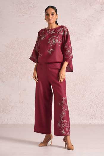 Buy_Kaveri_Pink Linen Embroidery Boat Neck Bloomscape Sasha Top _Online_at_Aza_Fashions