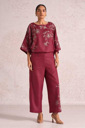 Shop_Kaveri_Pink Linen Embroidery Boat Neck Bloomscape Sasha Top _Online_at_Aza_Fashions