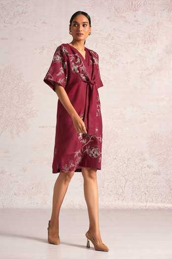 Kaveri_Pink Linen Embroidery V-neck Bloomscape Cinch Dress _Online_at_Aza_Fashions