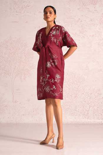 Buy_Kaveri_Pink Linen Embroidery V-neck Bloomscape Cinch Dress _Online_at_Aza_Fashions