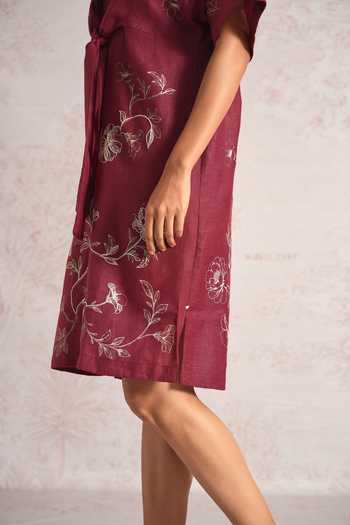 Shop_Kaveri_Pink Linen Embroidery V-neck Bloomscape Cinch Dress _Online_at_Aza_Fashions