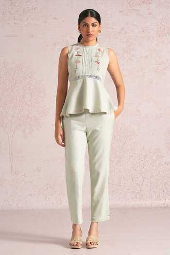 Kaveri_Blue Linen Embroidery, Lace Round Neck Blush Vines Peplum Top And Pant Set _Online_at_Aza_Fashions