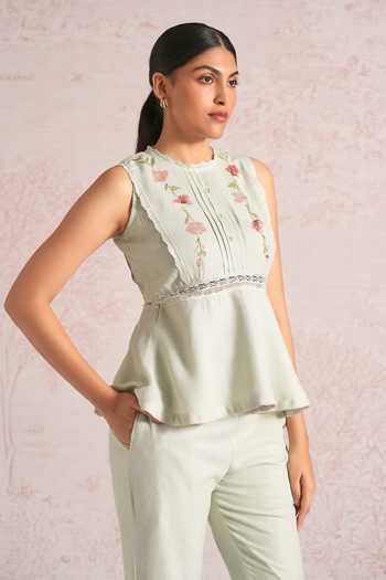Buy_Kaveri_Blue Linen Embroidery, Lace Round Neck Blush Vines Peplum Top And Pant Set _Online_at_Aza_Fashions