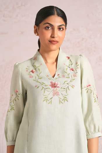 Kaveri_Green Linen Embroidery, Lace V-neck Blush Vines Tree Top And Pant Set _Online_at_Aza_Fashions