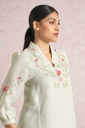 Buy_Kaveri_Green Linen Embroidery, Lace V-neck Blush Vines Tree Top And Pant Set _Online_at_Aza_Fashions