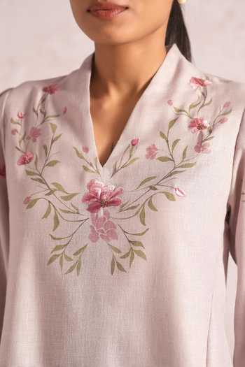Buy Kaveri Purple Linen Embroidery, Lace V-neck Blush Vines Tree Top And Pant Set Online at Aza Fashions Buy_Kaveri_Purple Linen Embroidery, Lace V-neck Blush Vines Tree Top And Pant Set _Online_at_Aza_Fashions