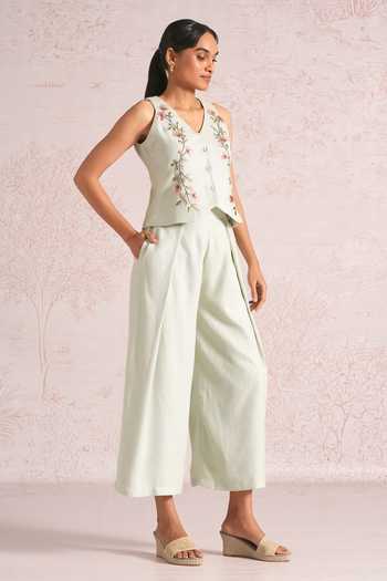 Kaveri_Blue Linen Embroidery V-neck Blush Vines Waistcoat And Pant Set _Online_at_Aza_Fashions