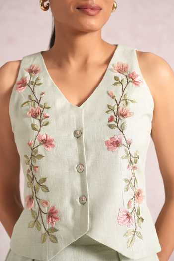 Buy_Kaveri_Blue Linen Embroidery V-neck Blush Vines Waistcoat And Pant Set _Online_at_Aza_Fashions
