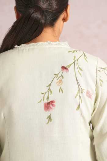 Shop_Kaveri_Green Linen Embroidery, Lace V-neck Blush Vines Kurta And Pant Set _Online_at_Aza_Fashions