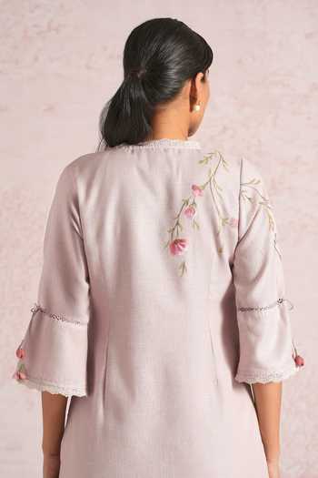 Buy_Kaveri_Pink Linen Embroidery, Lace V-neck Blush Vines Kurta And Pant Set _Online_at_Aza_Fashions