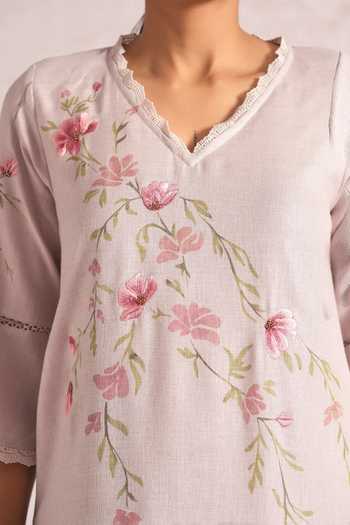 Shop_Kaveri_Pink Linen Embroidery, Lace V-neck Blush Vines Kurta And Pant Set _Online_at_Aza_Fashions