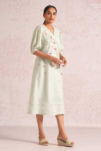 Kaveri Green Linen Embroidery, Lace V-neck Blush Vines Elora Dress Online at Aza Fashions Kaveri_Green Linen Embroidery, Lace V-neck Blush Vines Elora Dress _Online_at_Aza_Fashions