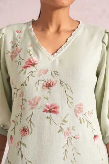 Buy Kaveri Green Linen Embroidery, Lace V-neck Blush Vines Elora Dress Online at Aza Fashions Buy_Kaveri_Green Linen Embroidery, Lace V-neck Blush Vines Elora Dress _Online_at_Aza_Fashions