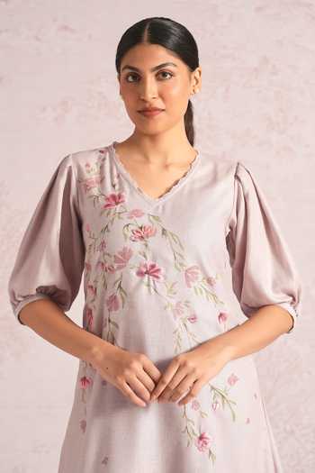 Kaveri Pink Linen Embroidery, Lace V-neck Blush Vines Elora Blend Dress Online at Aza Fashions Kaveri_Pink Linen Embroidery, Lace V-neck Blush Vines Elora Blend Dress _Online_at_Aza_Fashions
