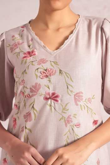 Buy Kaveri Pink Linen Embroidery, Lace V-neck Blush Vines Elora Blend Dress Online at Aza Fashions Buy_Kaveri_Pink Linen Embroidery, Lace V-neck Blush Vines Elora Blend Dress _Online_at_Aza_Fashions