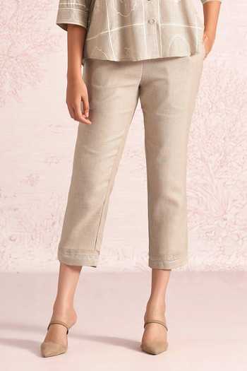 Kaveri_Beige Linen Embroidery, Lace Collared Garden Gallery Ava Shirt And Pant Set _Online_at_Aza_Fashions