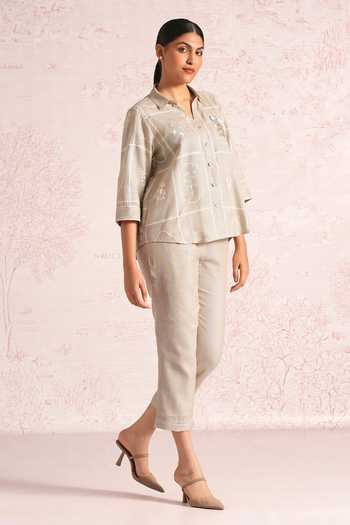 Shop_Kaveri_Beige Linen Embroidery, Lace Collared Garden Gallery Ava Shirt And Pant Set _Online_at_Aza_Fashions