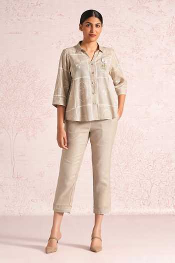 Kaveri_Beige Linen Embroidery Collared Garden Gallery Ava Shirt _Online_at_Aza_Fashions