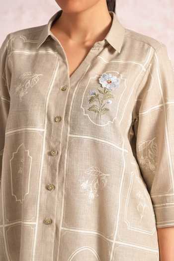 Shop_Kaveri_Beige Linen Embroidery Collared Garden Gallery Ava Shirt _Online_at_Aza_Fashions