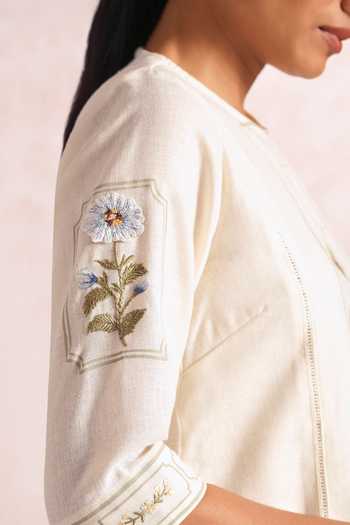 Buy_Kaveri_White Linen Embroidery Round Neck Garden Gallery Aria Kurta And Pant Set _Online_at_Aza_Fashions