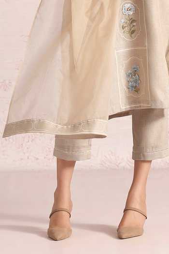 Buy_Kaveri_Beige Linen Embroidery Round Neck Garden Gallery Aria Kurta Set _Online_at_Aza_Fashions