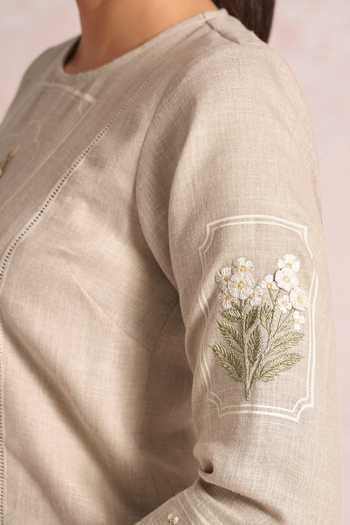 Shop_Kaveri_Beige Linen Embroidery Round Neck Garden Gallery Aria Kurta Set _Online_at_Aza_Fashions