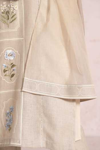Kaveri_Beige Linen Embroidery Round Neck Garden Gallery Aria Kurta Set _at_Aza_Fashions