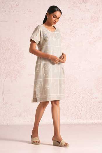 Kaveri_Beige Linen Embroidery Round Neck Garden Gallery Leaf Dress _Online_at_Aza_Fashions