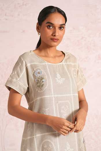 Buy_Kaveri_Beige Linen Embroidery Round Neck Garden Gallery Leaf Dress _Online_at_Aza_Fashions