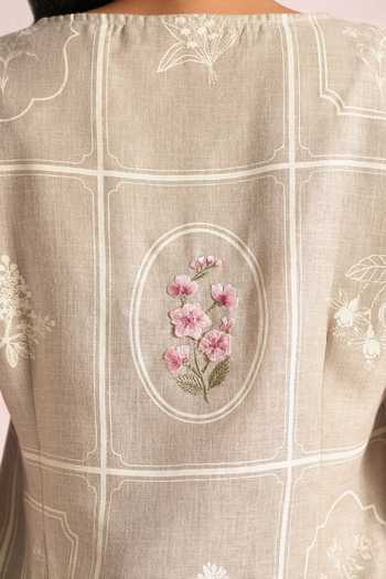 Shop_Kaveri_Beige Linen Embroidery Round Neck Garden Gallery Leaf Dress _Online_at_Aza_Fashions