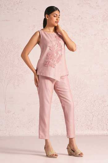 Kaveri_Pink Linen Applique, Fabric Flowers Floral Embroidered Blend Top And Pant Set _Online_at_Aza_Fashions