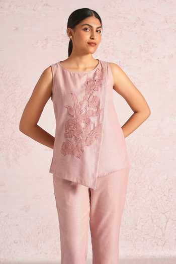 Buy_Kaveri_Pink Linen Applique, Fabric Flowers Floral Embroidered Blend Top And Pant Set _Online_at_Aza_Fashions