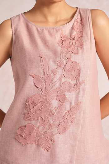 Shop_Kaveri_Pink Linen Applique, Fabric Flowers Floral Embroidered Blend Top And Pant Set _Online_at_Aza_Fashions