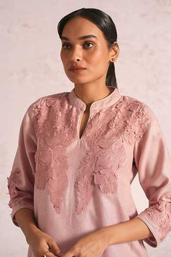 Shop_Kaveri_Pink Linen Applique Mandarin Collar Floral Shadows Embroidered Kurta And Pant Set _Online_at_Aza_Fashions