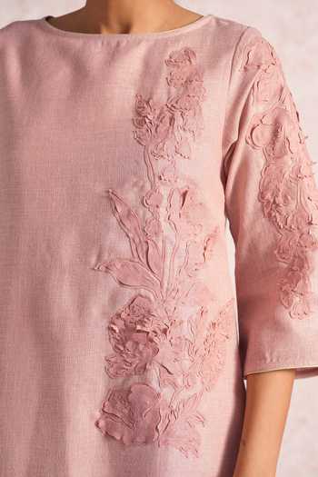 Buy_Kaveri_Pink Linen Embroidery Round Neck Floral Shadows Jenny Dress _Online_at_Aza_Fashions