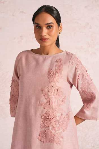 Shop_Kaveri_Pink Linen Embroidery Round Neck Floral Shadows Jenny Dress _Online_at_Aza_Fashions