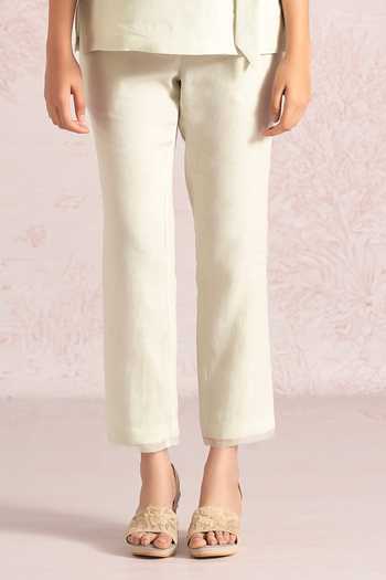 Kaveri_Blue Linen Applique, Embroidery, Lace V-neck Painted Petals Wrap Top And Pant Set _Online_at_Aza_Fashions