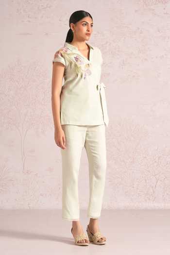 Buy_Kaveri_Blue Linen Applique, Embroidery, Lace V-neck Painted Petals Wrap Top And Pant Set _Online_at_Aza_Fashions