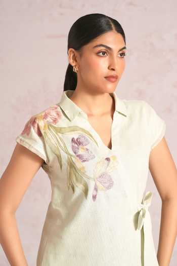Shop_Kaveri_Blue Linen Applique, Embroidery, Lace V-neck Painted Petals Wrap Top And Pant Set _Online_at_Aza_Fashions