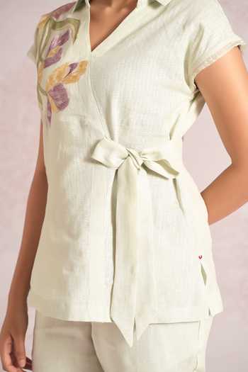 Kaveri_Blue Linen Applique, Embroidery, Lace V-neck Painted Petals Wrap Top And Pant Set _at_Aza_Fashions