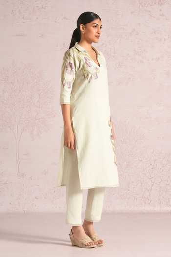 Buy_Kaveri_Green Linen Embroidery, Applique, Lace V-neck Painted Petals Kurta And Pant Set _Online_at_Aza_Fashions