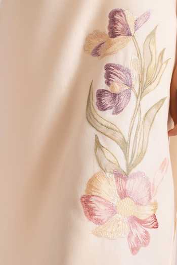 Shop_Kaveri_Beige Linen Embroidery, Applique, Lace V-neck, Painted Petals Kurta And Pant Set _Online_at_Aza_Fashions