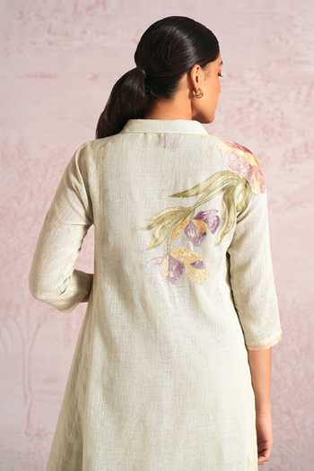 Shop_Kaveri_Green Linen Applique, Embroidery, Lace V-neck Painted Petals Kurta And Pant Set _Online_at_Aza_Fashions